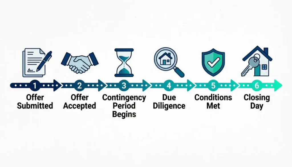 Step-by-step timeline infographic showing how a contingent home sale process works from offer to closing