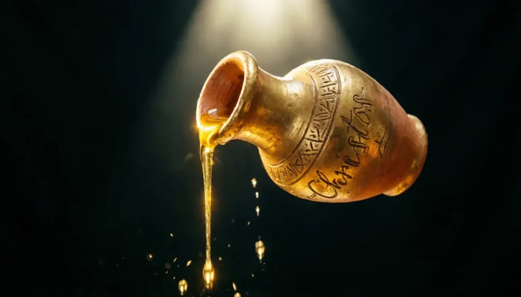 Symbolic image of anointing oil being poured representing the Christ meaning as the Anointed One