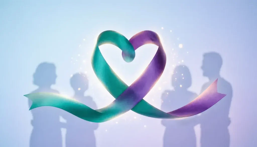 Teal and purple ribbons symbolizing mental health awareness and suicide prevention support