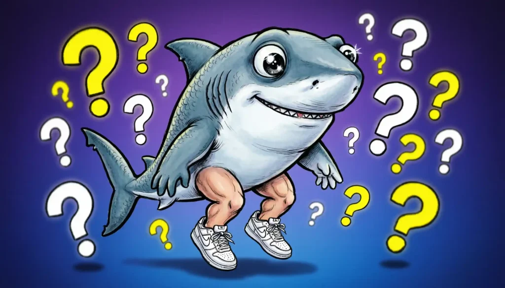 Tralalero Tralala shark meme character with question marks representing frequently asked questions about the meme