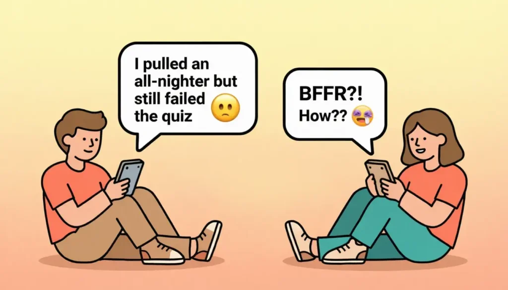 Two people chatting on phones illustrating correct use of BFFR slang in a casual conversation