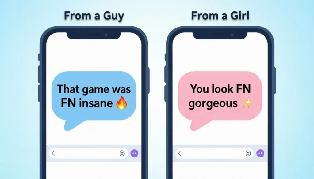 Two phone screens side by side showing FN used in text conversations from a guy and a girl