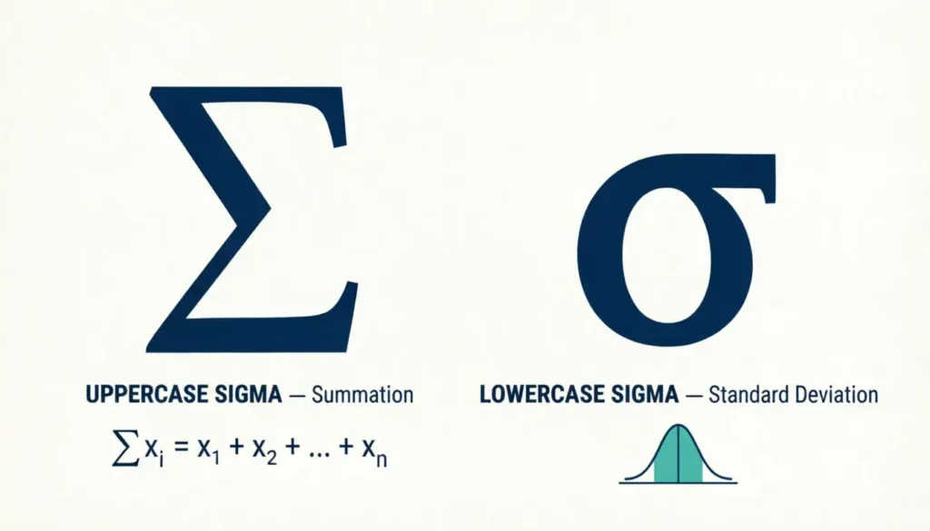Uppercase sigma summation symbol and lowercase sigma standard deviation symbol explained in math infographic