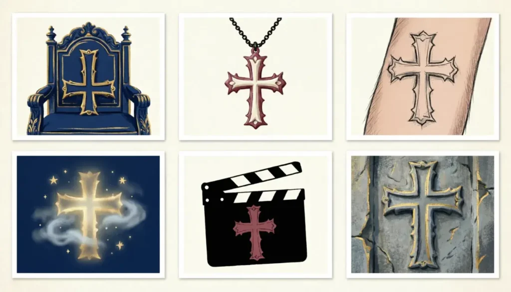 Upside down cross spiritual meaning across cultures — symbolic collage of religious and modern icons