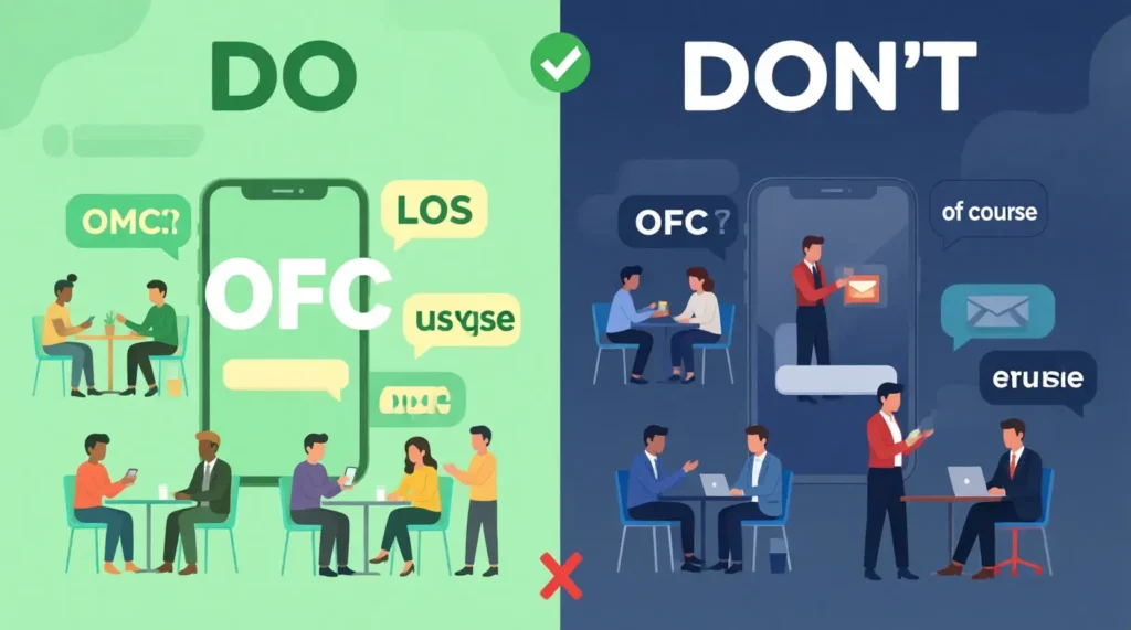 Visual guide showing appropriate vs inappropriate situations for using OFC text slang
