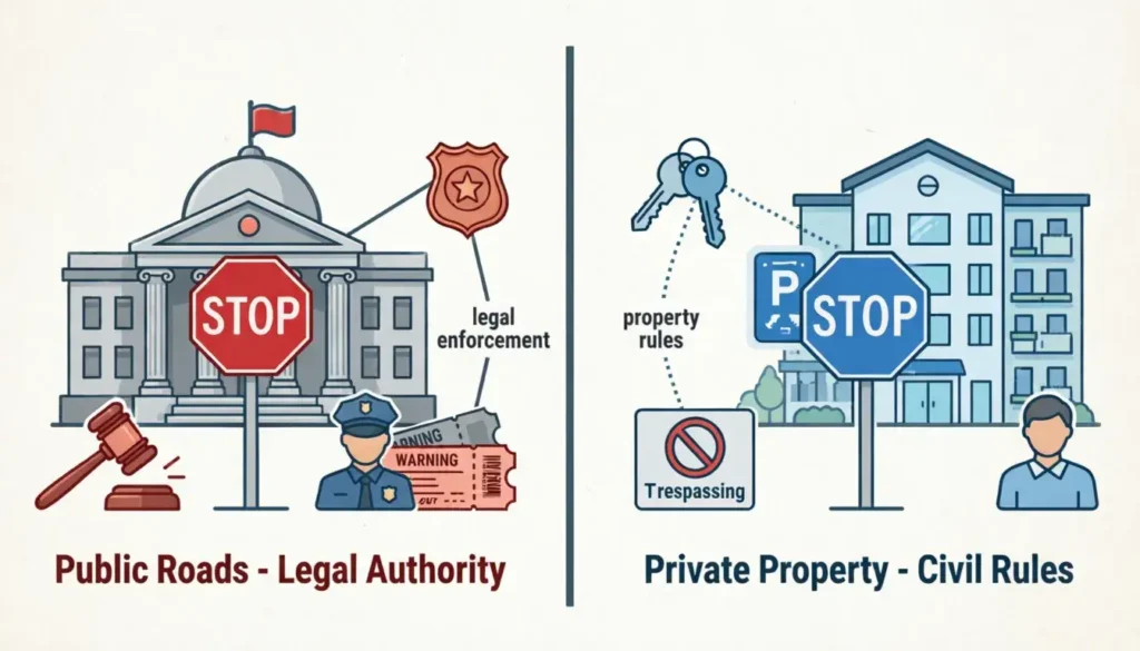 Visual representation of blue stop sign legal status on private property
