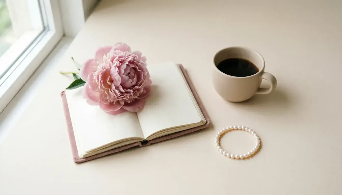 What does demure mean — soft aesthetic flat lay with flowers, notebook, and muted tones representing quiet elegance