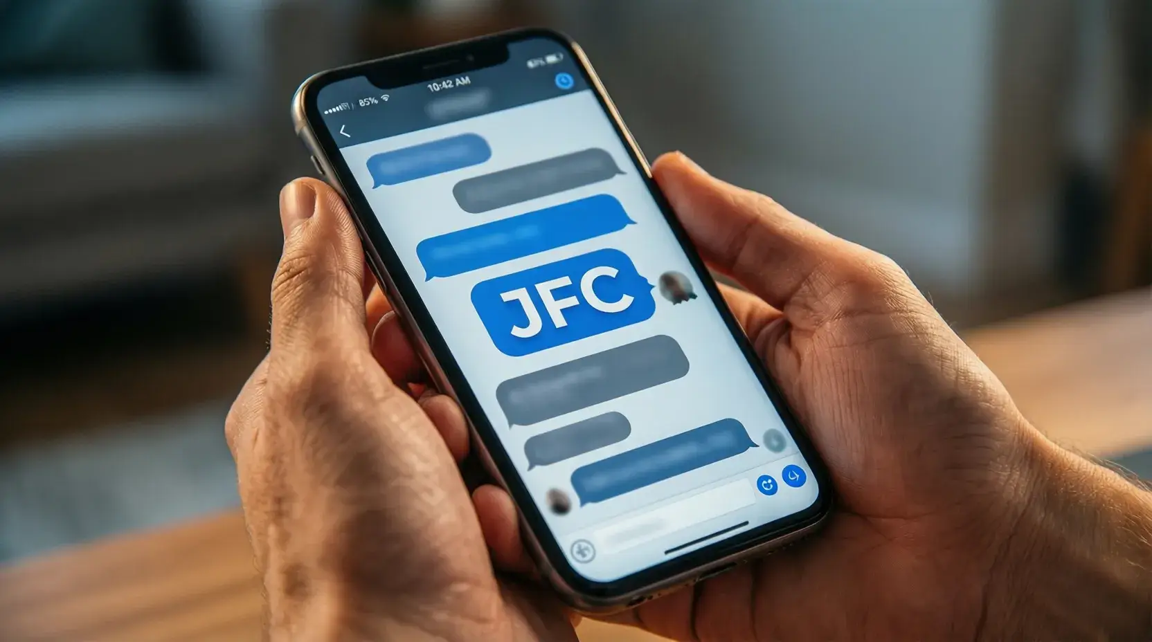 What does JFC mean in texting - smartphone showing text message conversation with JFC acronym