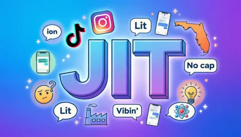 What does JIT mean illustrated with social media icons and slang text bubbles