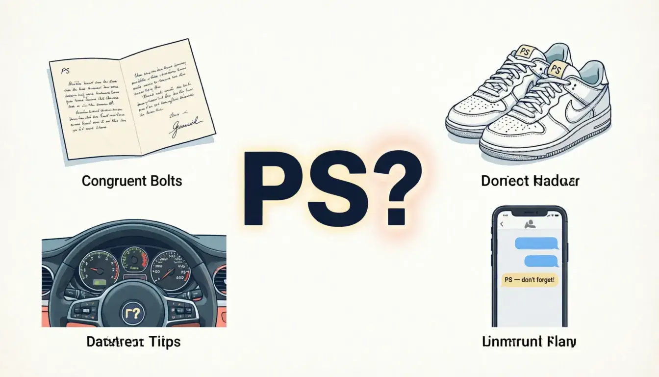 What does PS mean — illustrated guide showing PS used in a letter, sneaker, car dashboard, and phone screen