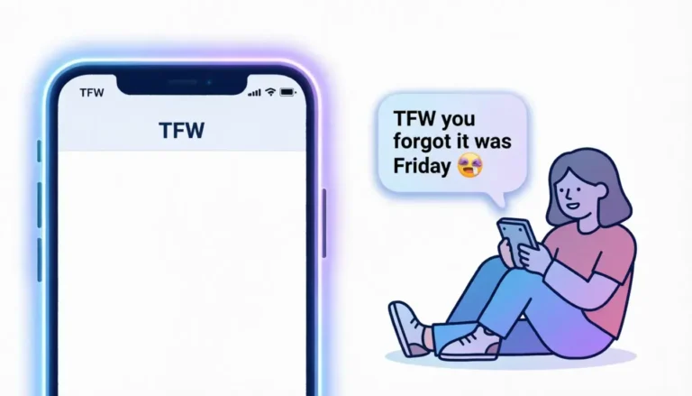What does TFW mean — split visual showing phone screen with TFW carrier and a texting chat bubble