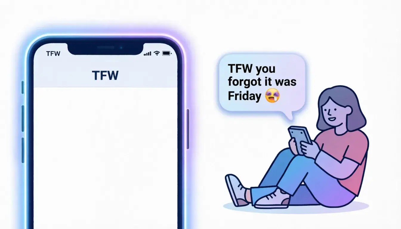 What does TFW mean — split visual showing phone screen with TFW carrier and a texting chat bubble