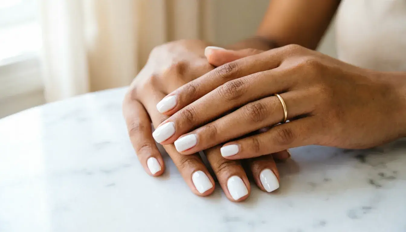 White nail polish manicure on hands showing clean minimalist aesthetic and modern nail art trends